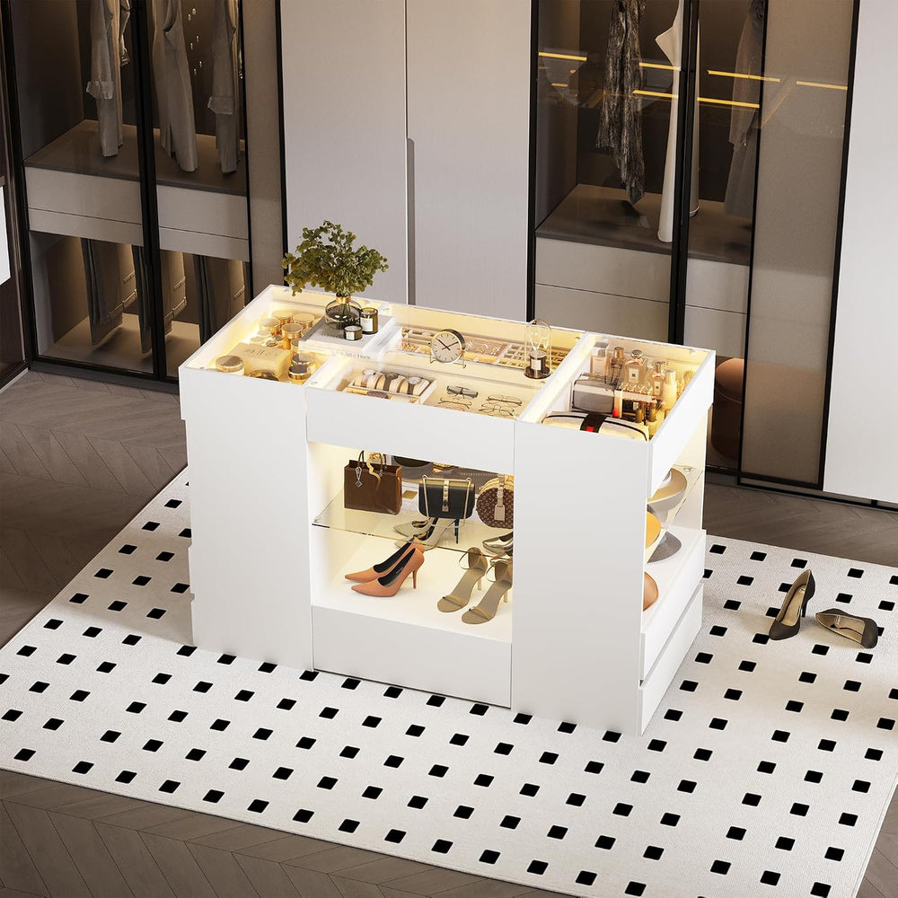 Modern Closet Island with 10 Drawers with LED (White)