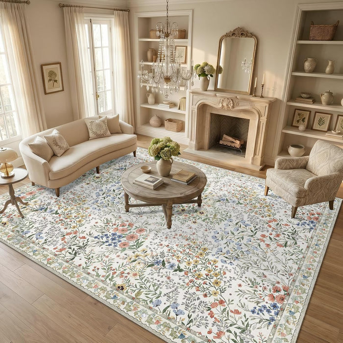Vintage Botanical Floral Rug 8x10: Cottage Area Rug - Machine Washable Non Slip Low Pile Foldable Carpet - Living Room Bedroom Dining Room Indoor Rug - 8'x10' Beige