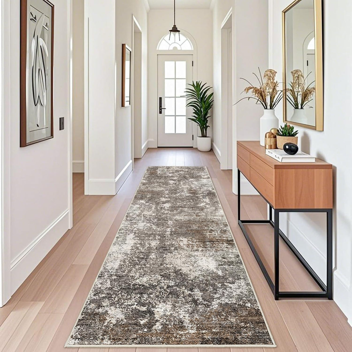 3x10 ft Long Hallway Runner Rug – Non-Slip Washable Kitchen Floor Rug with Rubber Backing, Modern Low Pile Thin Wide Carpet Runners for Bedroom, Entryway Indoor (Brown Beige,3x10)