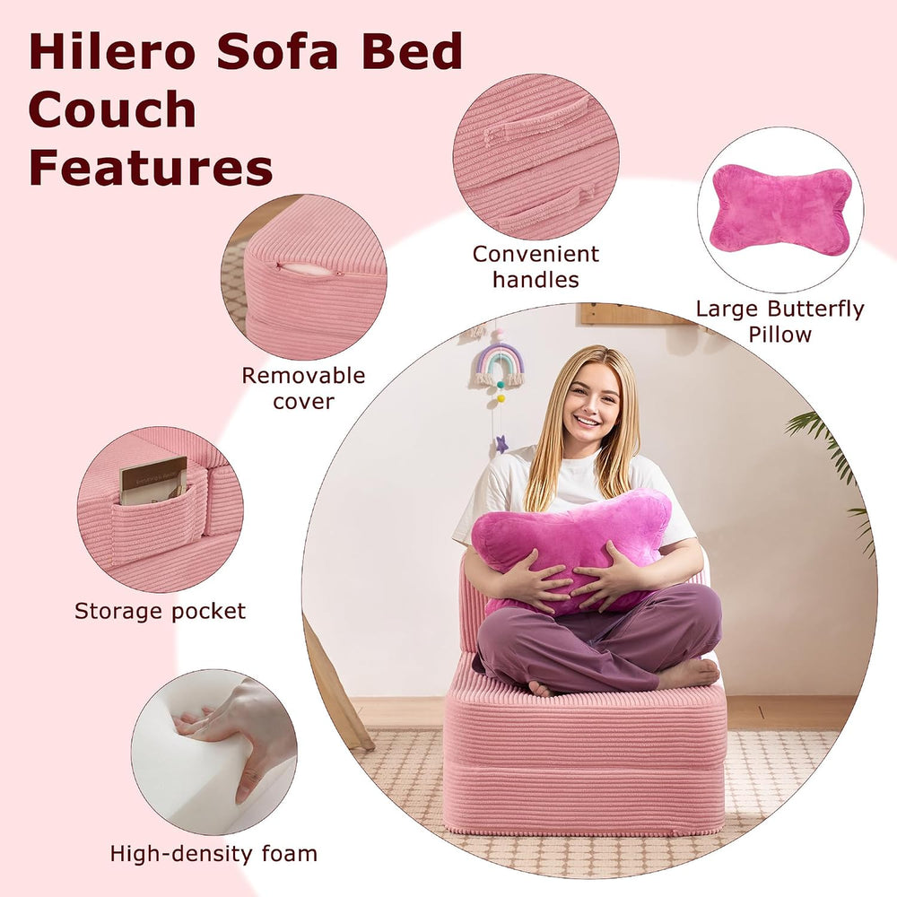 Folding Convertible Sofa Bed, Sleeper Chair for Guest, Single, Pink