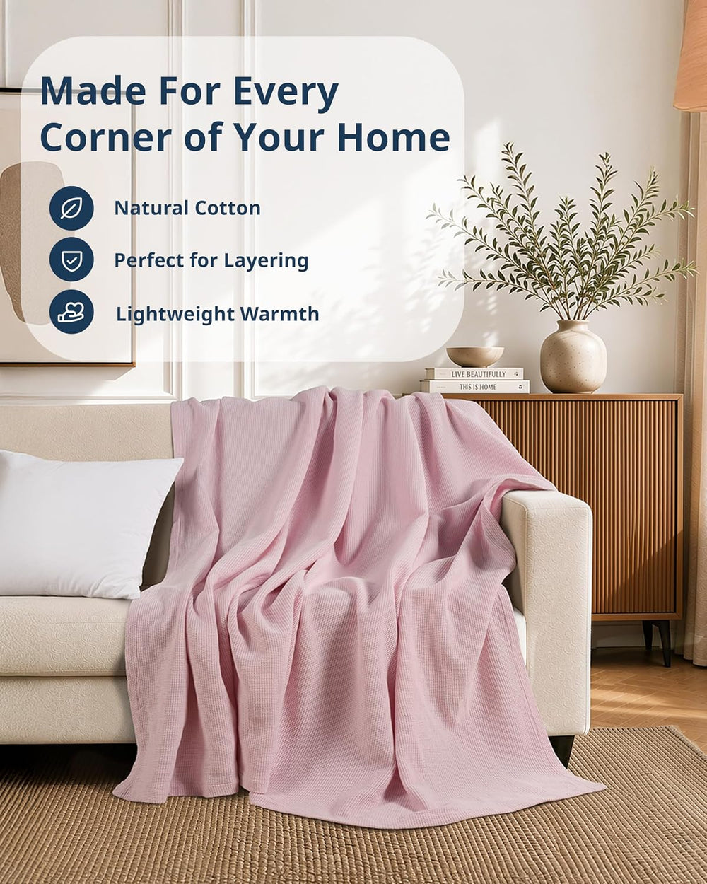 LANE LINEN Queen Blanket for Bed, 100% Cotton Waffle Weave - Cherry Blossom