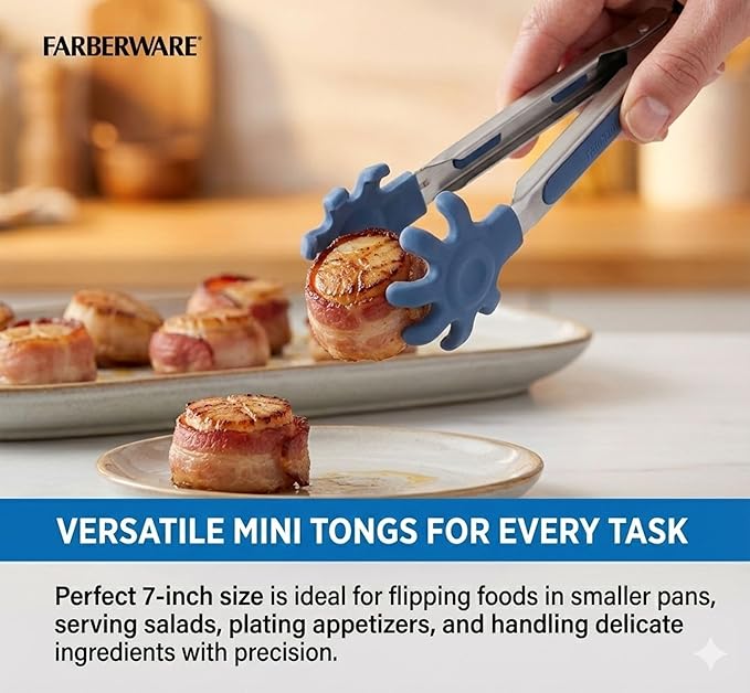 Farberware Mini Kitchen Tongs, Silicone Tips, Flexible Grip Handles, Locking - Image 3