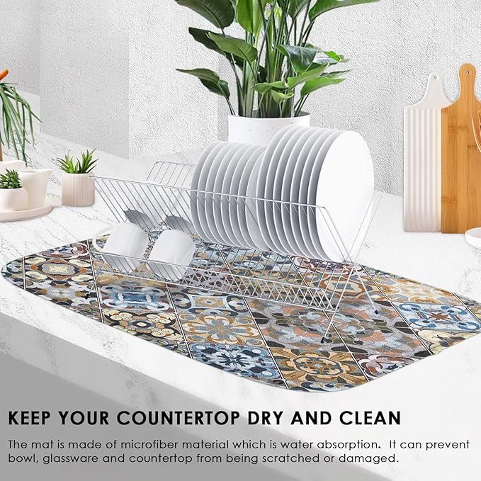 Sanwarm Absorbent Dish Drying Mat, Retro Colorful Tiles Vintage Floral - Image 4