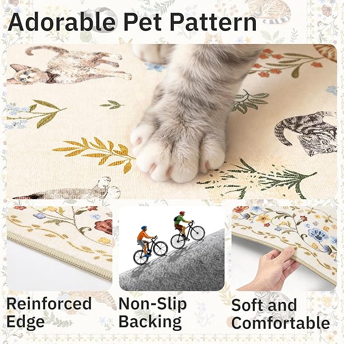 Cat 9x12 Area Rugs for Living Room, Machine Washable Animal Floral Vintage Rug - Image 6