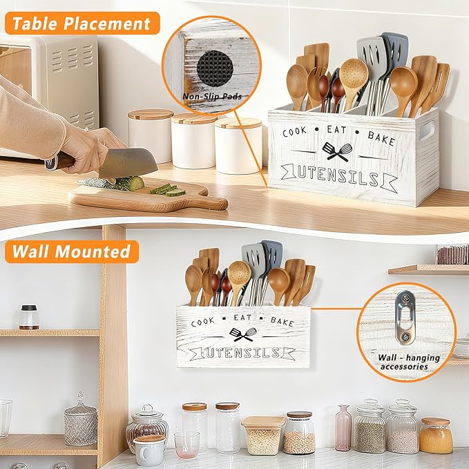 Large and Durable Retro White Wooden Kitchen Utensil Holder - Image 3