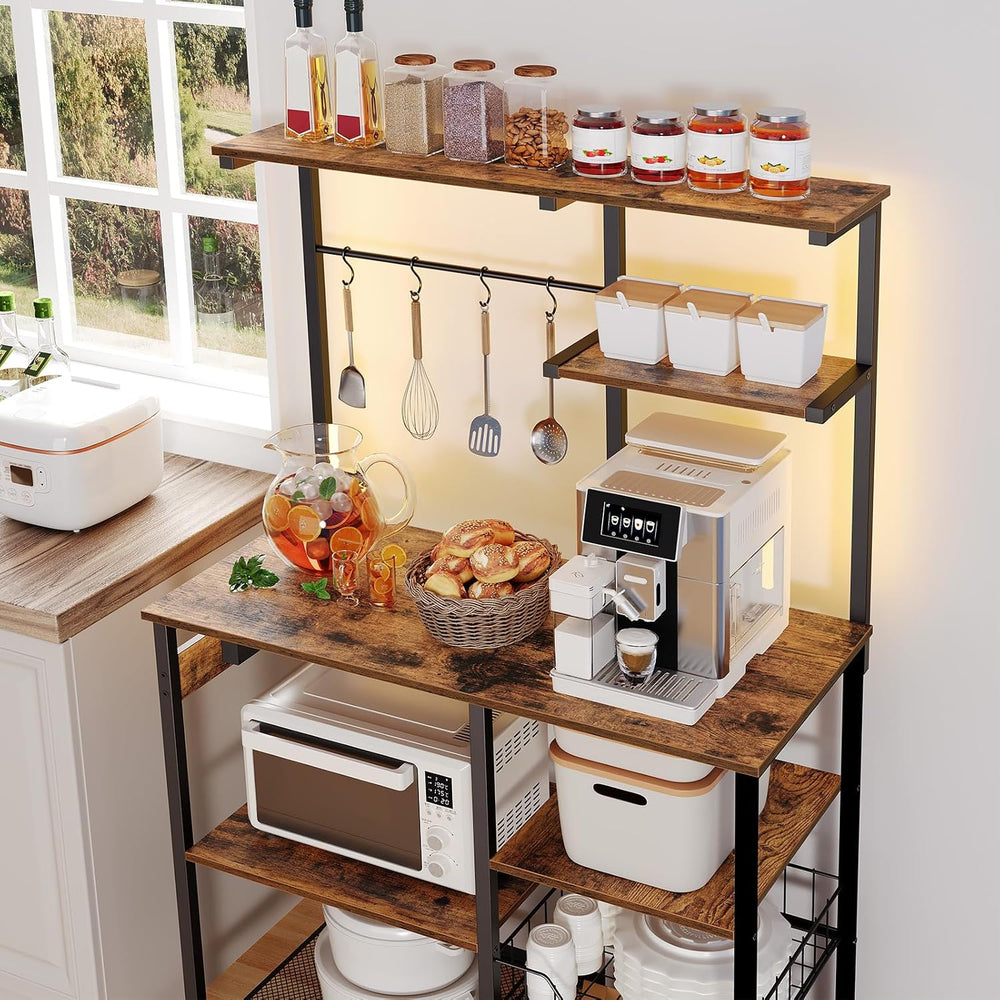 HOOBRO Bakers Rack with Power Outlet and LED Light, 6-Tier Microwave Stand wi...