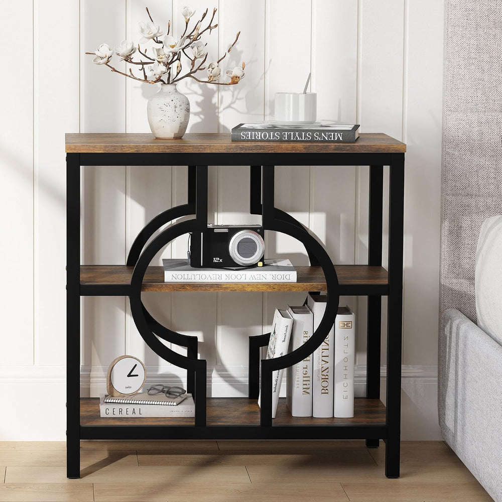 End Table, Narrow Side Table with 3-Tier Storage Shelves, Wood Sofa Side Tabl...