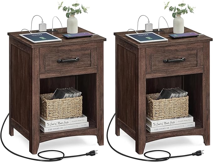 VASAGLE LIRY Collection - Farmhouse Nightstands with Charging Station, Set of...