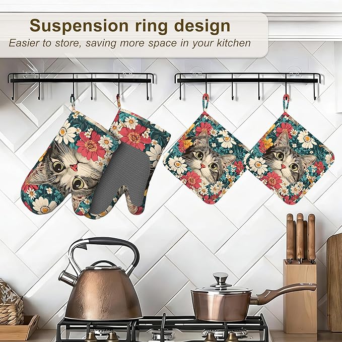 Cute Cat Oven Mitts and Pot Holders Set of 4, Blooming Colorful Flowers Kitchen - Image 5