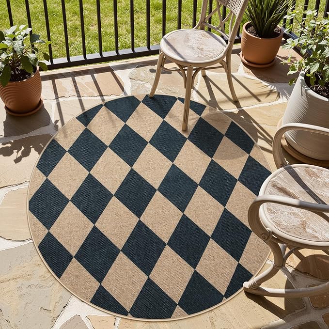 Lahome Colette Checkered Round Entryway Rug 4ft, Circle Indoor Outdoor Patio - Image 2