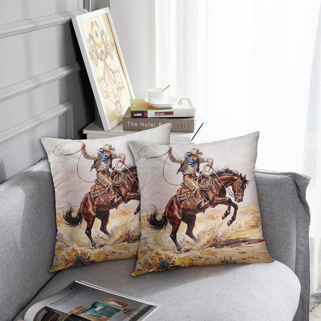 Emvency Throw Pillow Covers Set of 2, 18 x 18 Inch, Western Cowboy Vintage | Wild Horse Outdoor Decorative Square Pillow Cases Couch Cushion Case for Couch Bed Sofa Living Room Home Decor