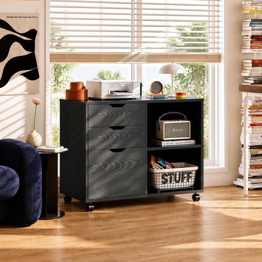 DEVAISE 3 Drawer Wood File Cabinet, Rolling Filing Cabinet with Open Storage ...