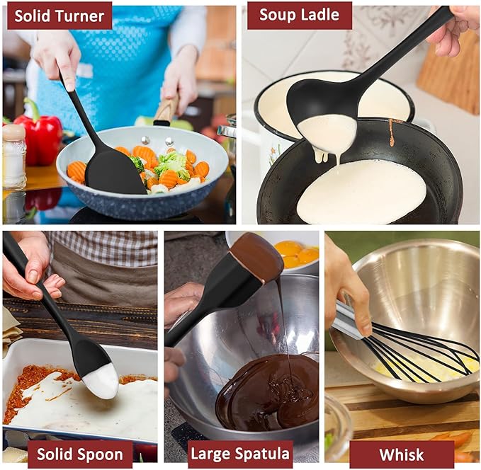Silicone Cooking Utensils Set of 10, Leonyo Black Kitchen Utensils Set - Image 5
