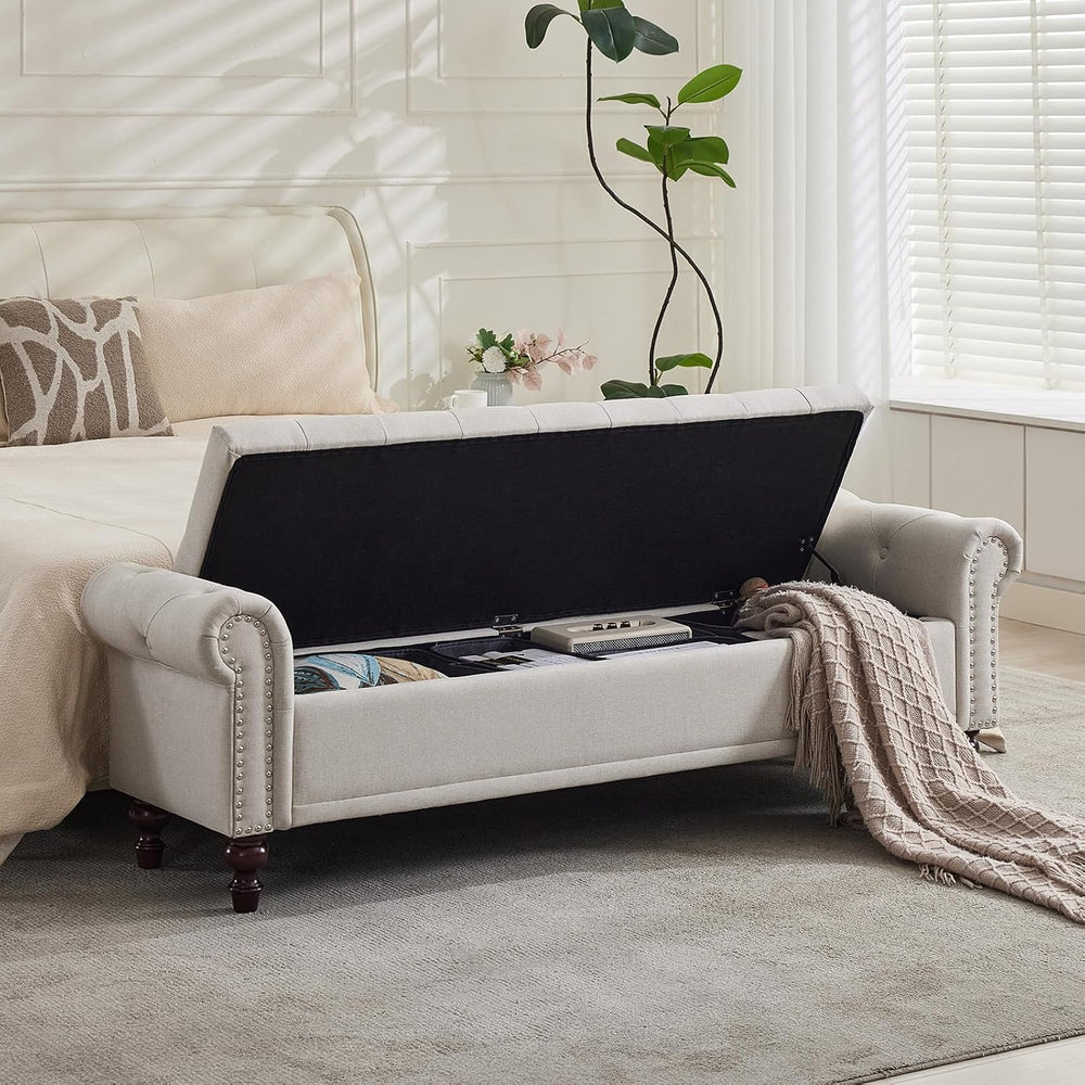SOFTHION 67" Storage Bench for Bedroom, Linen Upholstered, Beige