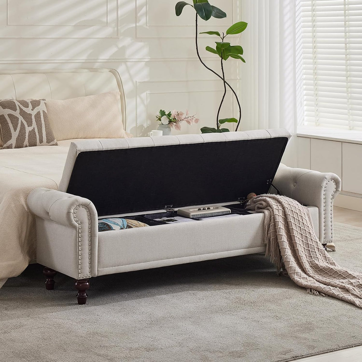 SOFTHION 67" Storage Bench for Bedroom, Linen Upholstered, Beige