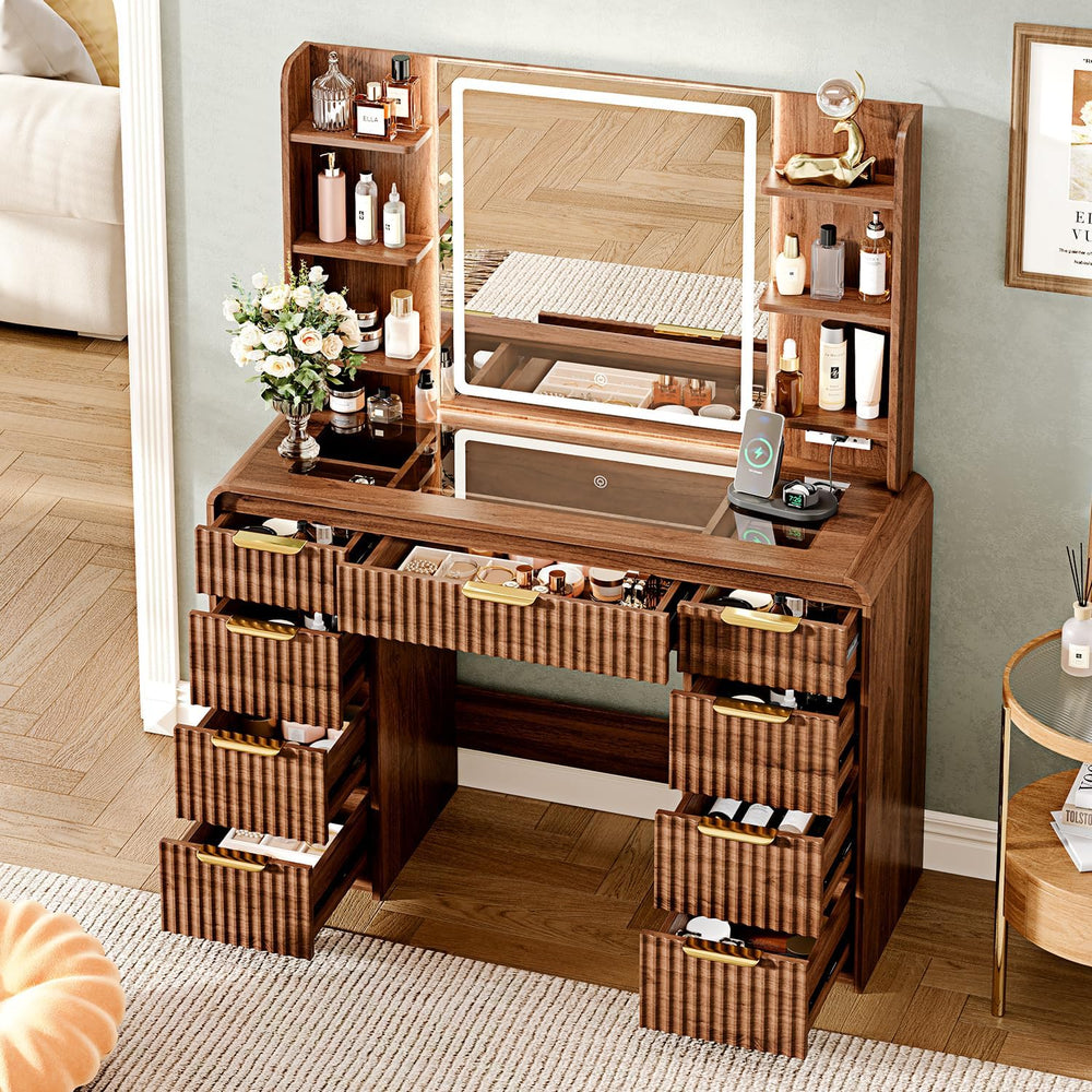 43" Makeup Vanity Desk with Mirror and Lights&Power Outl, 3 Adjustab...