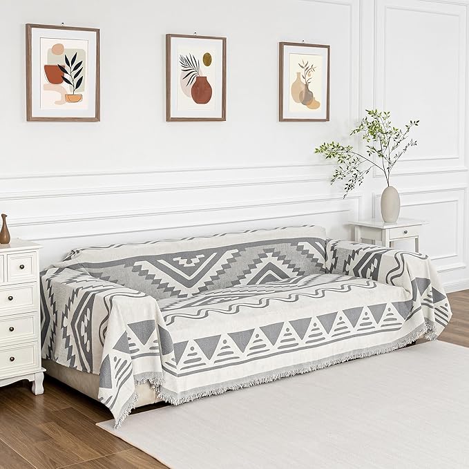 MYSKY HOME Boho Couch Cover for Dogs Washable Grey Rhombic Couch Sofa Protector - Image 2
