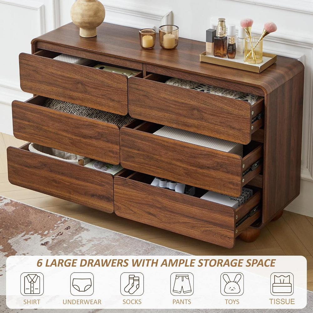 Modern 6 Drawer Dresser for Bedroom, 48" Wooden Chest of Drawers, Walnut
