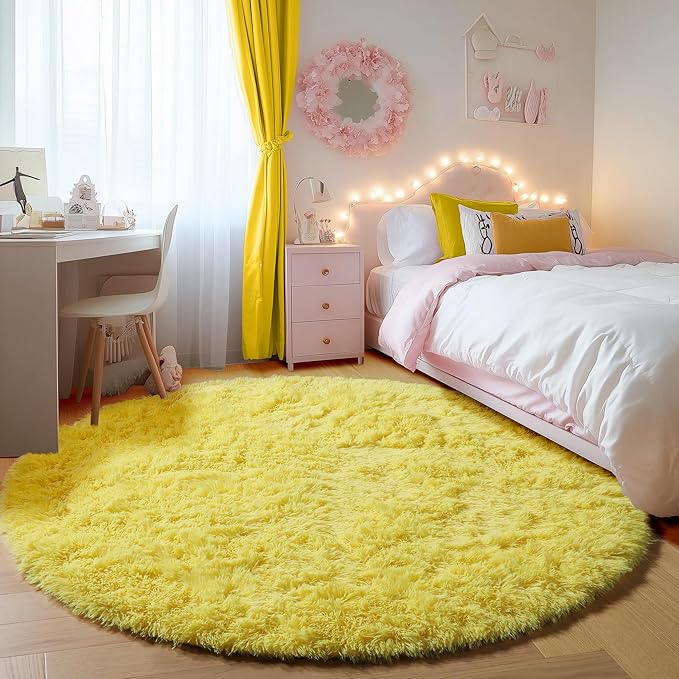 ONASAR Yellow Round Rugs 5ft for Bedroom Living Room, Fluffy Circle Area Rug by ONASAR