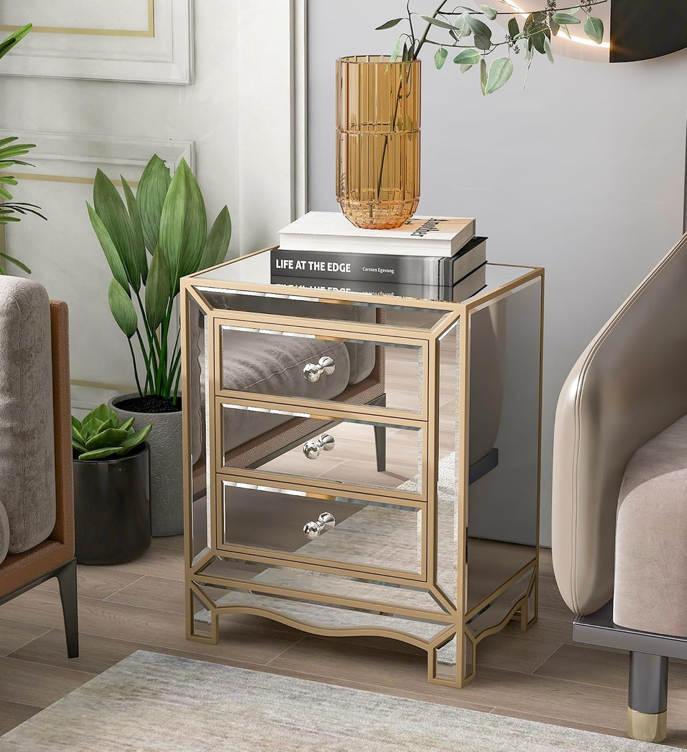 Elegant Mirrored Nightstand Gold Edge Silver End Table with 3 Drawers, Mirror...