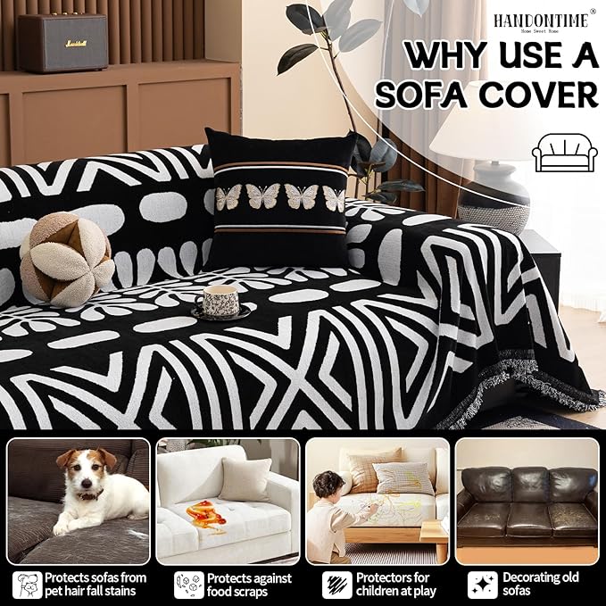 HANDONTIME Boho Couch Cover Blanket Geometric Striped Pet Covers - Image 5