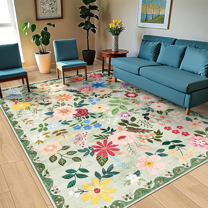 10x12 Area Rugs for Living Room: Floral Washable Rug Vintage Large Soft Boho - Image 2