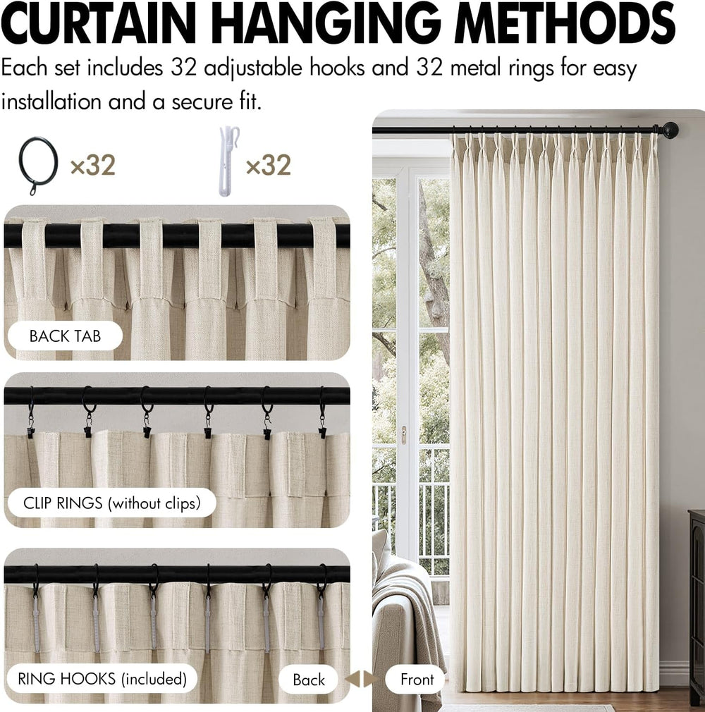 MIULEE Pinch Pleated Thick Linen Curtains 40x96 Inches Birch 4 Panels Set