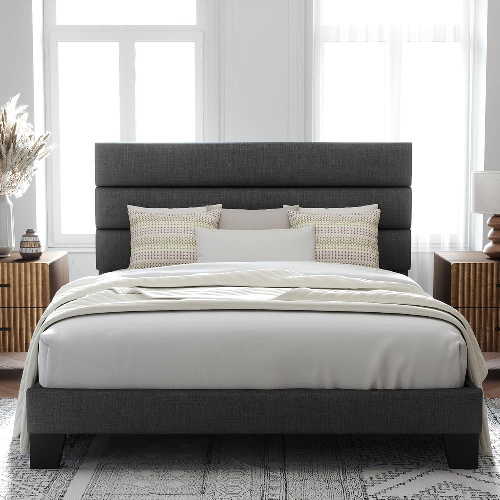 Allewie Full Size Platform Bed Frame with Fabric Upholstered Headboard Gray