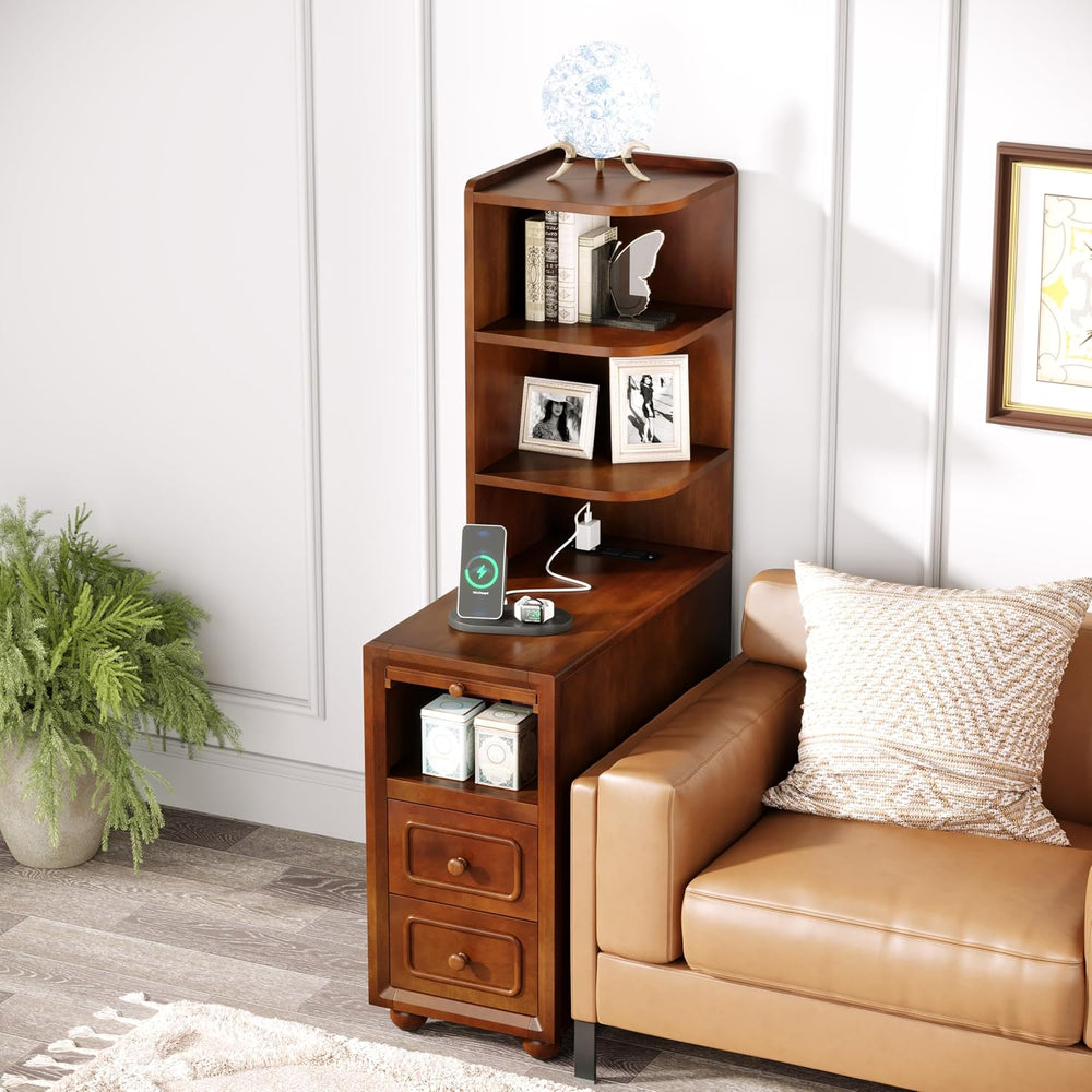 Solid Wood End Table with Charging Station and Reversible Corner Shelves, Tal...