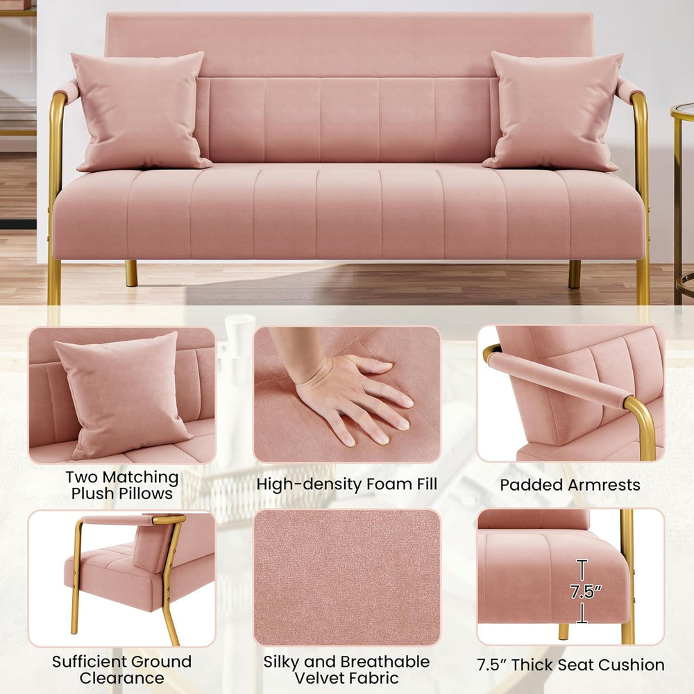 Yaheetech 56.5" Small Sofa 2 Seater Couch with Gold-Tone Legs, Pink