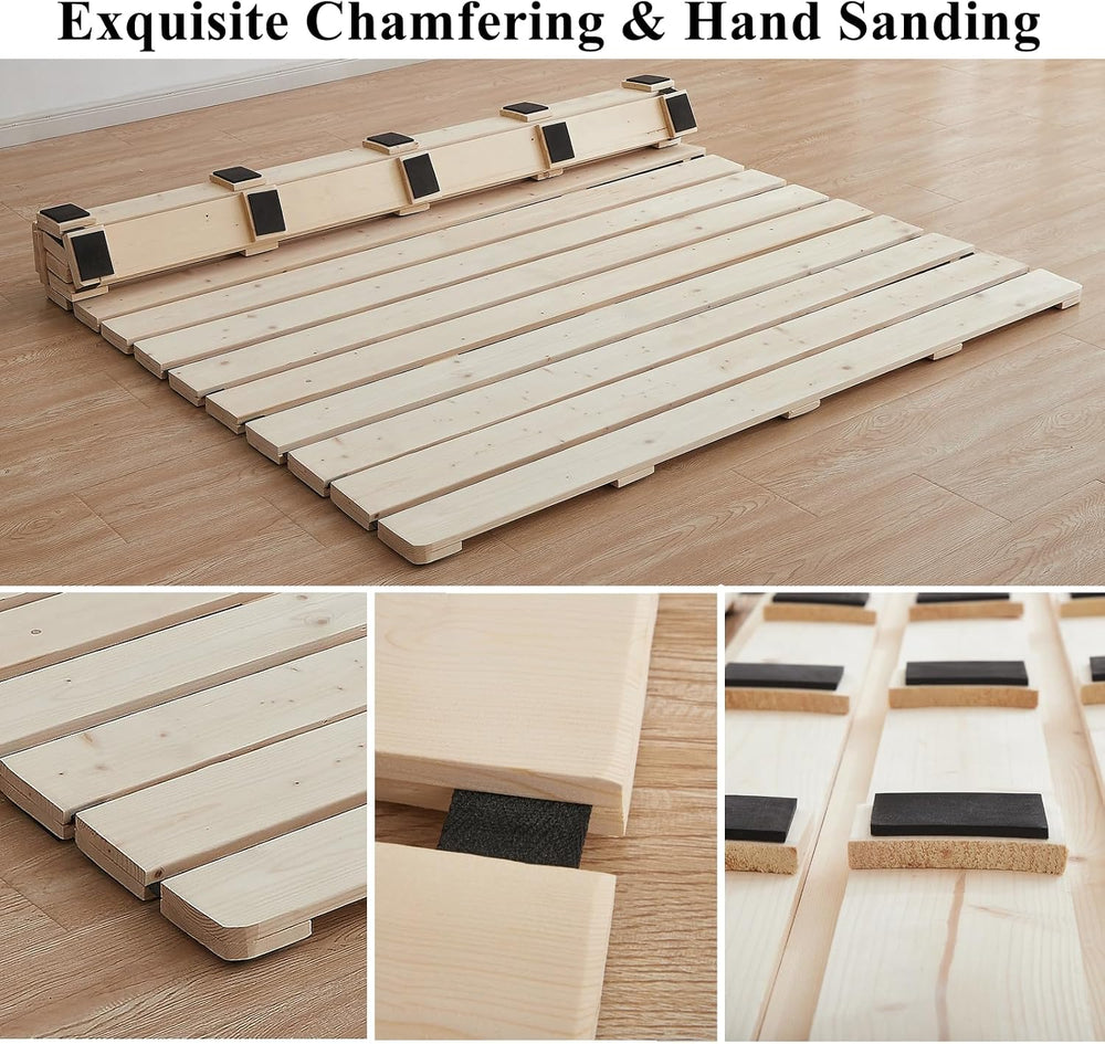 Foldable Floor Bed Frame, Breathable Wooden Roll-Up Slats Base for Japanese F...