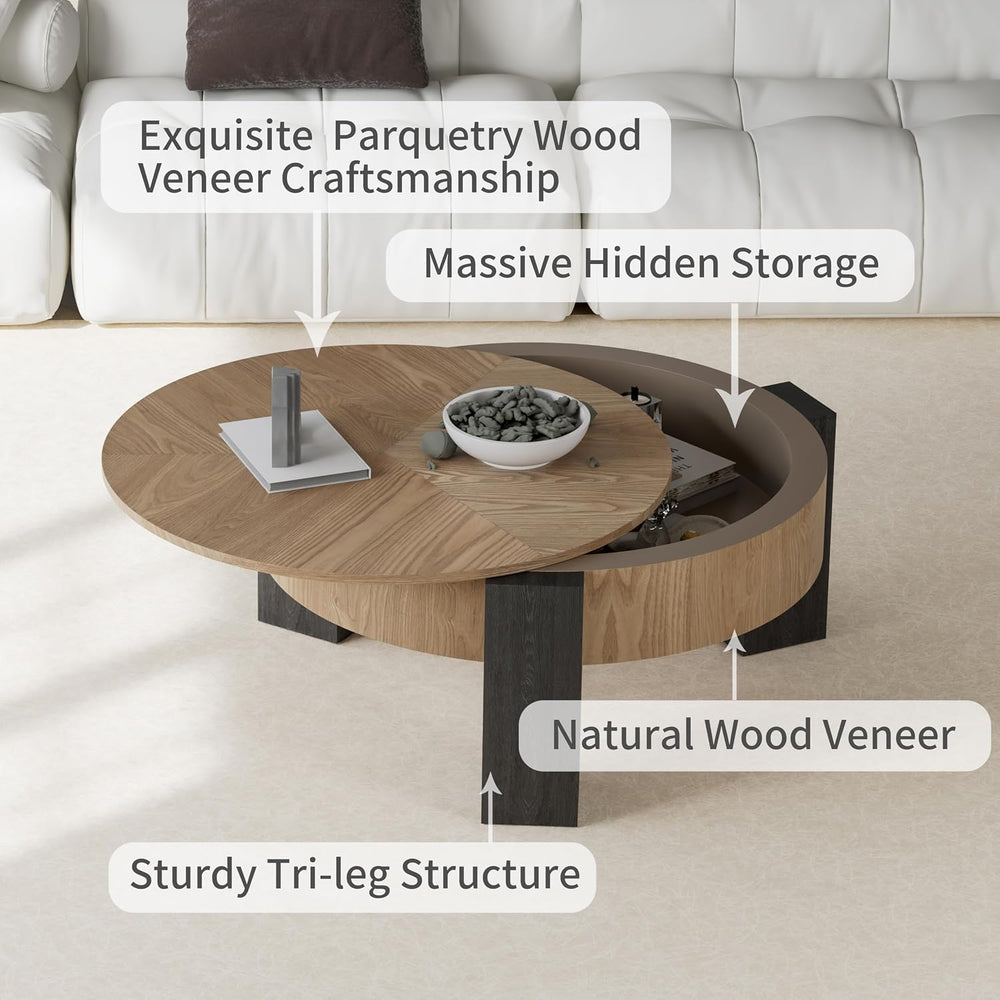 Round Coffee Table with Hidden Storage & 3 Block Legs