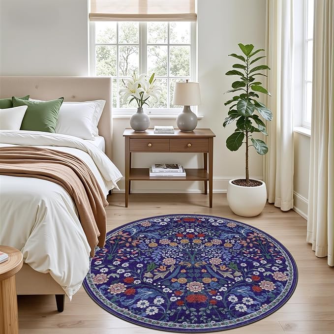 Round Area Rug for Living Room: 4 ft Floral Washable Circle Rug Soft Boho - Image 3
