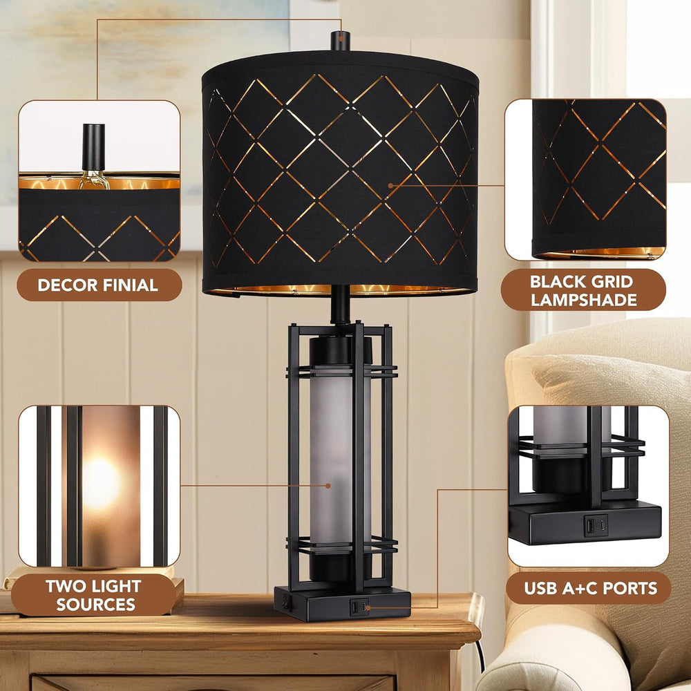 27'' Modern Table Lamp Set of 2 with Nightlight, Metal Bedside Lamps