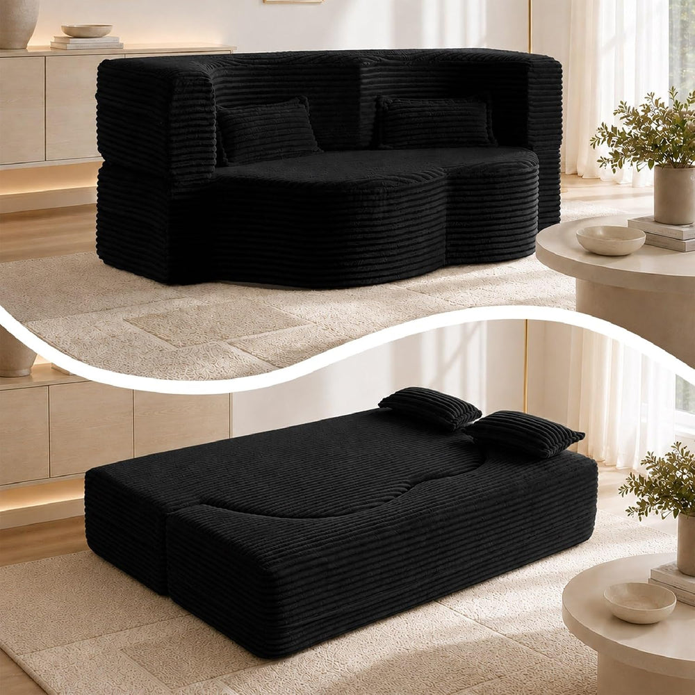 78" Futon Sofa Bed, Full Size Boneless Corduroy Couch Bed (Black)