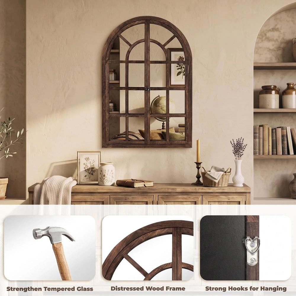 Farmhouse Window Mirror for Wall, 38 X 26 Inch Rustic Wood Frame
