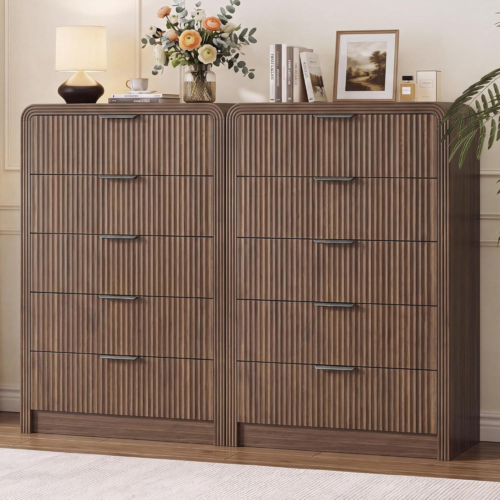 Decofy Fluted Wood Dresser 5 Drawers 48" Tall Curved Modern Chest Organizer