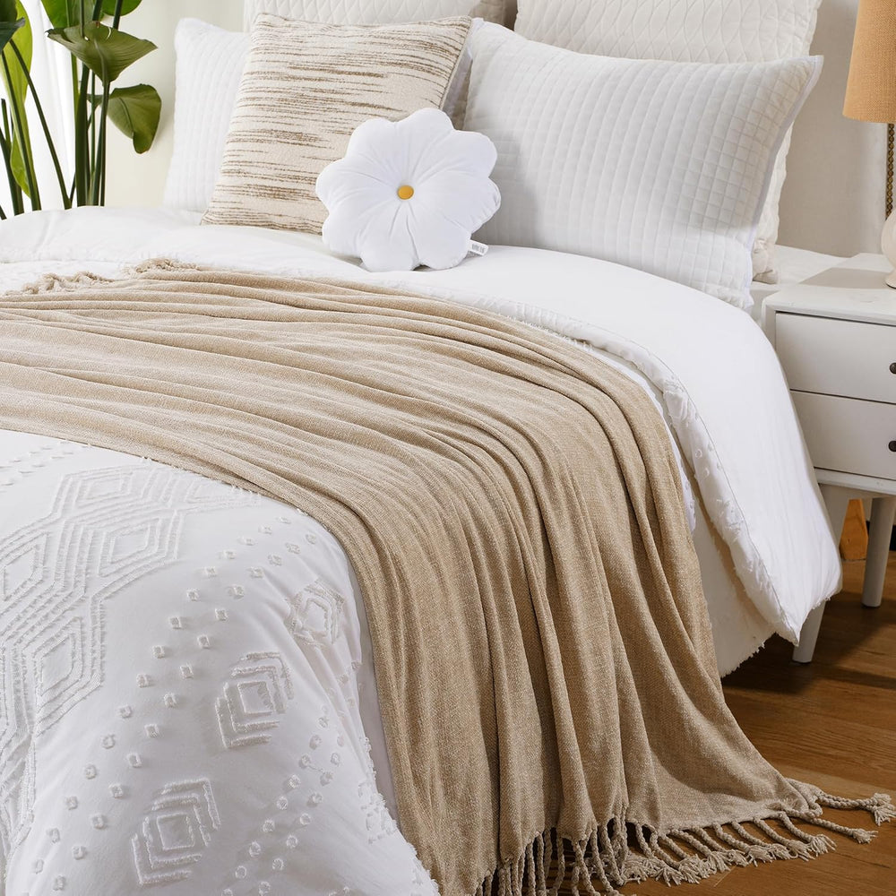 Battilo Beige Chenille Throw Blanket for Couch 50"x60"