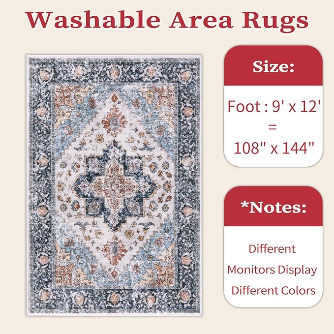 SERISSA Washable Rugs 9x12 Area Rugs, Large Non-Slip Blue Orange Living Room Rug - Image 6
