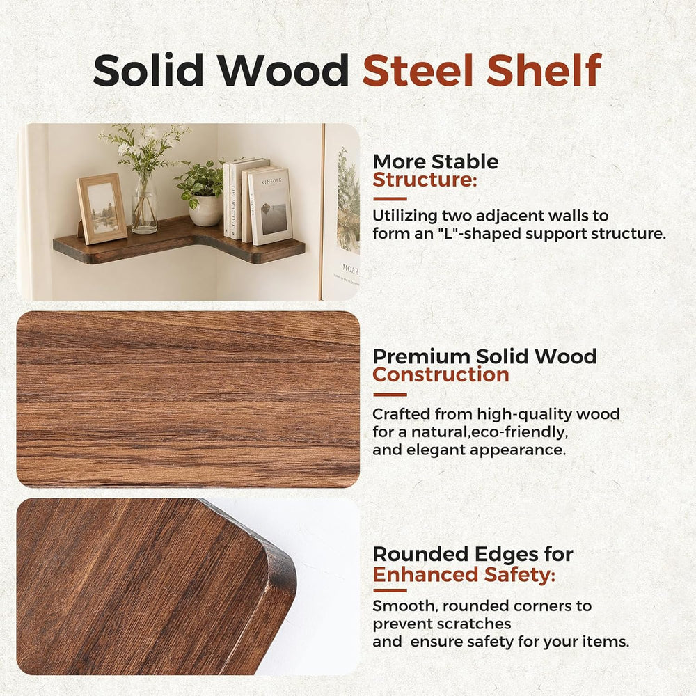 Solid Wood Corner Floating Shelves, L-Shaped, Brown, Set of 4