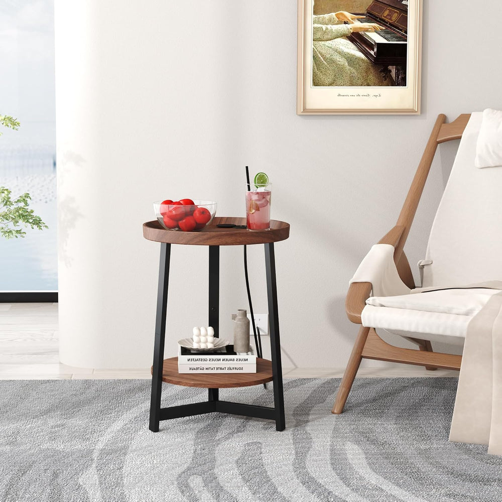 Round Industrial Side Table with Charging Station,2-Tier Round End Table with...
