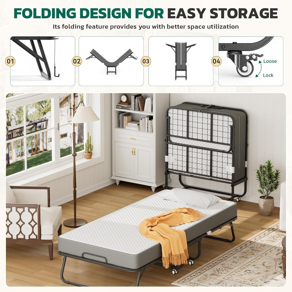 Greenvelly Folding Bed with 5 Inch Mattress, 75” x 38” Portable Rollaway Bed ...
