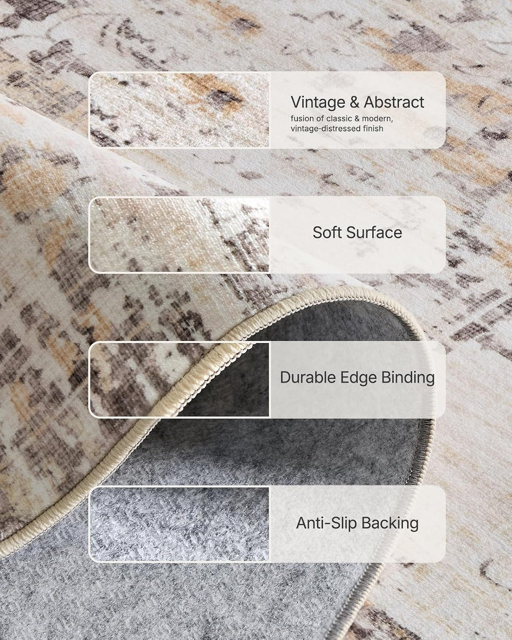 Amada 8x10 Washable Area Rug for Living Room, Beige, Vintage & Abstract