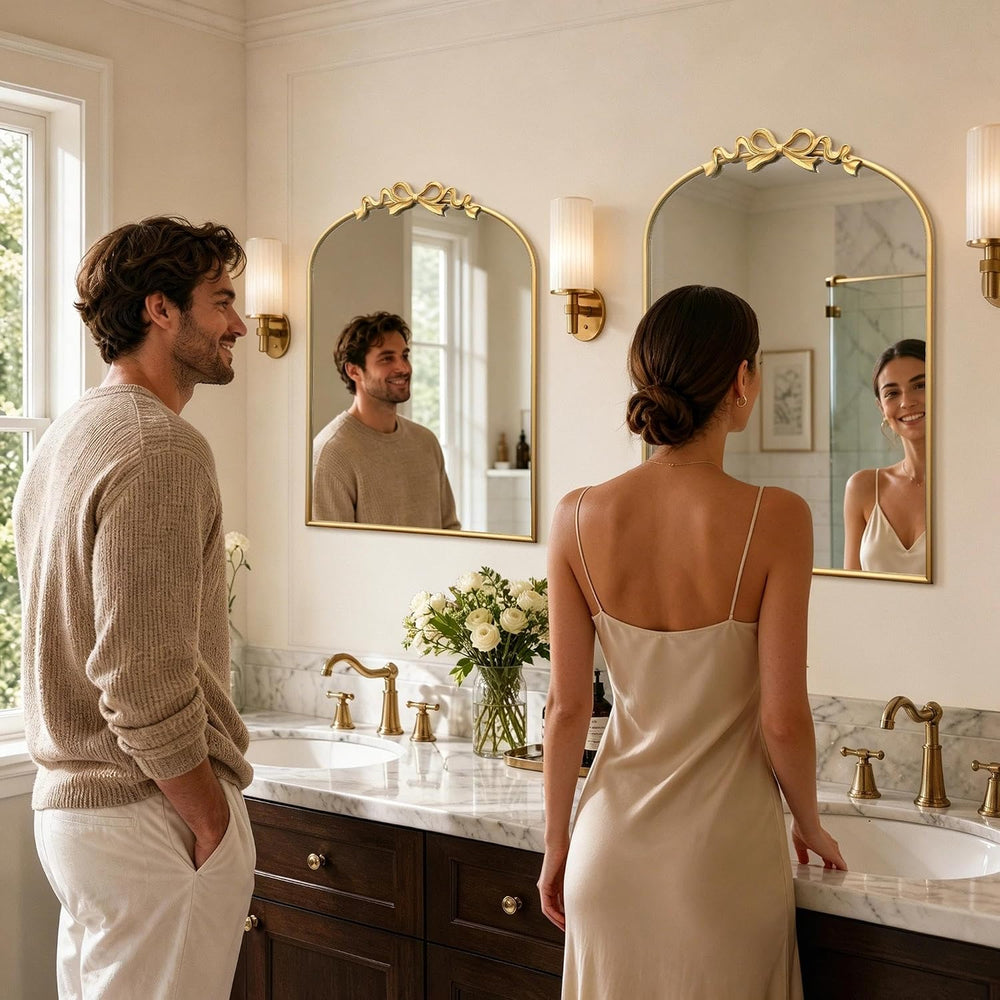 Besdomus Vintage Arched Gold Mirror: 24"x36" Large Gold Bow Vanity ...