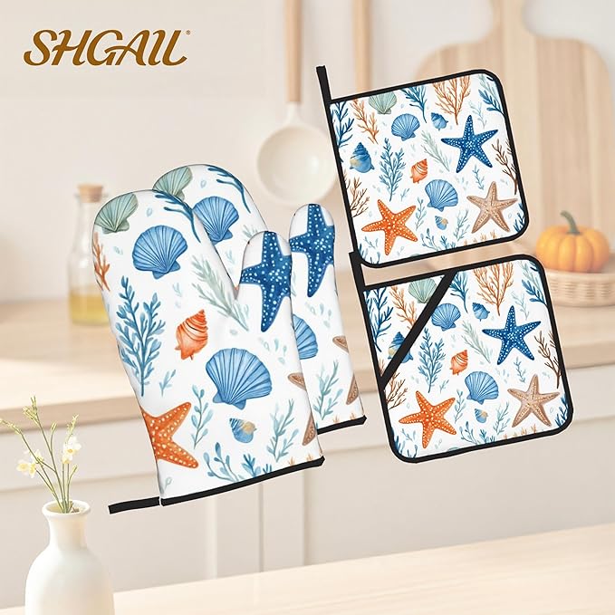 Starfish Shell Pattern Oven Gloves and Hot Pads Set - Image 2