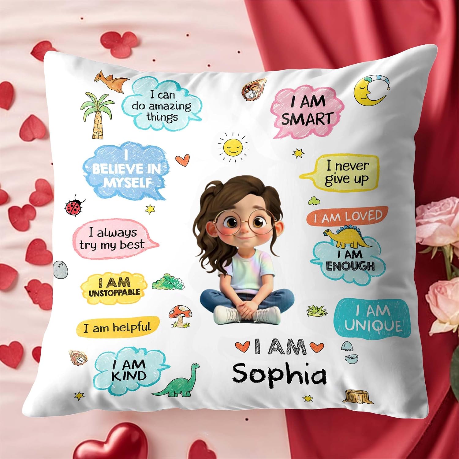 Personalized Affirmation Pillow Cover for Kids, Custom Character & Name Decorative Cushion, “I Believe in Myself” Positive Quotes, Cute Playroom Bedroom Decor for Back to School