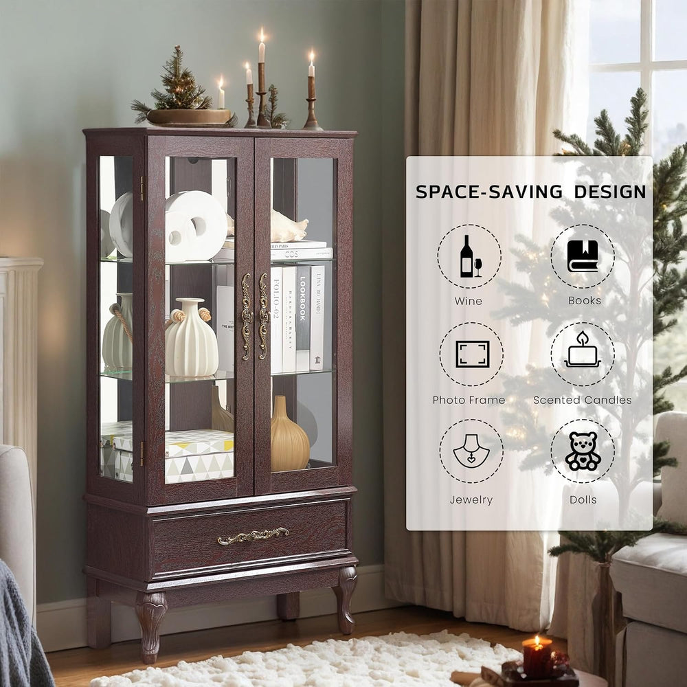 52" Lighted Accent Curio Cabinet, 3-Tier Antique Storage Cabinet with Te...