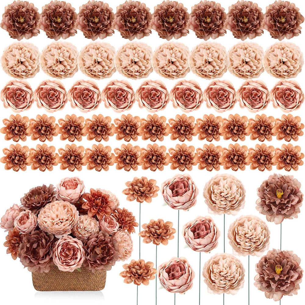 50 Pcs Brown Artificial Flowers Combo Set with Stem