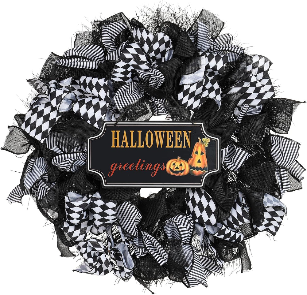 Halloween Wreath, 26 Inch, Black & White Checkered Bow