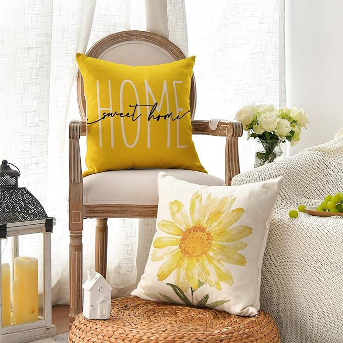 AVOIN colorlife Home Sweet Home Spring Summer Flowers Yellow Throw Pillow Covers - Image 3